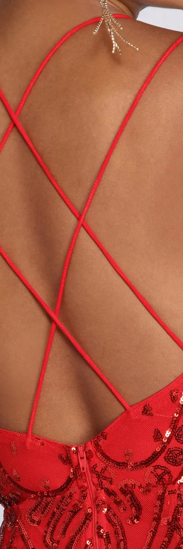 Salma Formal Sequin Scroll Print Dress