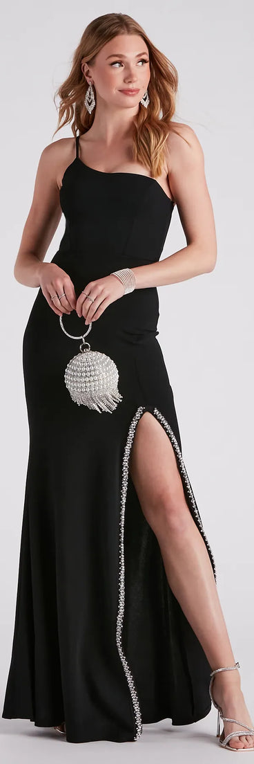 Raven Formal Crepe Rhinestone Trim Dress