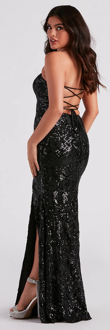 Celebrate in style with the Chandler Strapless Lace-Up Sequin Formal Dress, a black formal wedding guest dress featuring an elegant silhouette and luxe details, perfect for a black-tie celebration.