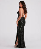 Celebrate in style with the Chandler Strapless Lace-Up Sequin Formal Dress, a black formal wedding guest dress featuring an elegant silhouette and luxe details, perfect for a black-tie celebration.