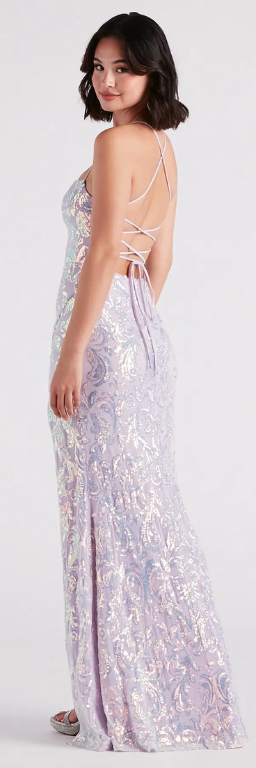 You'll be the best dressed in the Edlyn Sequin Laceup Mermaid Formal Dress as your fall formal dress with beautiful and unique details from Windsor.
