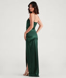 The Mayra Formal Satin Slit Long Dress in hunter is a stunning green prom dress designed to capture attention with its fresh or bold color and effortlessly stylish silhouette.