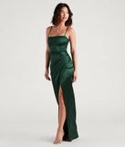 Step into Prom 2025 in a hunter green prom dress, where unique Windsor accents and the standout Mayra Formal Satin Slit Long Dress style come together.
