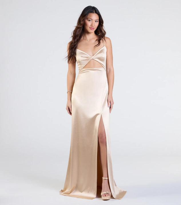 Own every entrance in the Maisy Cutout High Slit Satin Formal Dress, a gold party dress perfect for milestone birthdays and grad parties, or dancing through summer nights and unforgettable bachelorette celebrations.