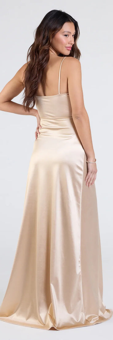 Feel ready for every dance floor moment or feed-worthy reel in the Maisy Cutout High Slit Satin Formal Dress, a gold homecoming dress designed to own your moment.