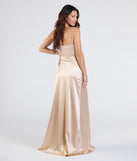 Own every entrance in the Maisy Cutout High Slit Satin Formal Dress, a gold party dress perfect for milestone birthdays and grad parties, or dancing through summer nights and unforgettable bachelorette celebrations.