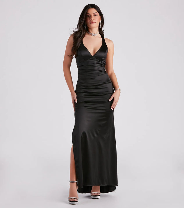 green emerald velvet dress Melody Satin Slit Midi Formal Dress