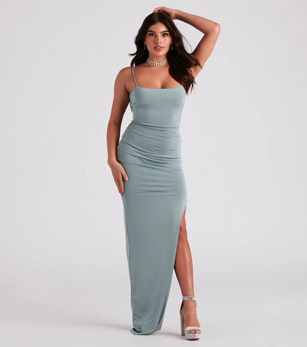 gabrielle formal high slit satin dress Gabrielle Metallic Cowl Neck Satin Dress (Women)