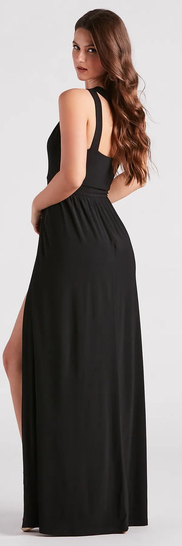 Celebrate in style with the Melany Formal Dual Slit A-Line Dress, a black formal wedding guest dress featuring an elegant silhouette and luxe details, perfect for a black-tie celebration.