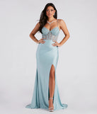 You'll look stunning in the Everly Formal Lace Corset Mermaid Dress, a light blue formal dress designed to create an effortless yet standout look as women's formal holiday attire, work party outfit, or NYE dress.