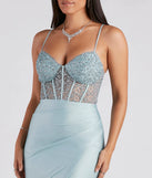 You'll look stunning in the Everly Formal Lace Corset Mermaid Dress, a light blue formal dress designed to create an effortless yet standout look as women's formal holiday attire, work party outfit, or NYE dress.