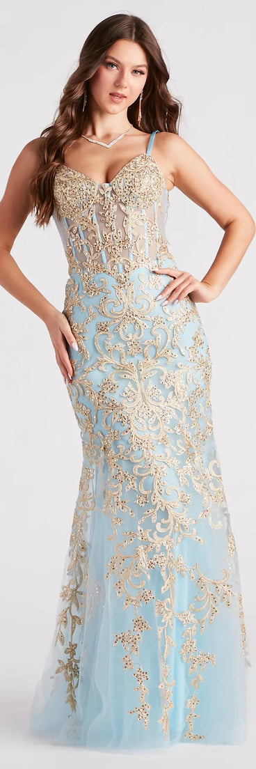 Asypn Sequin Embroidered Mesh Mermaid Dress