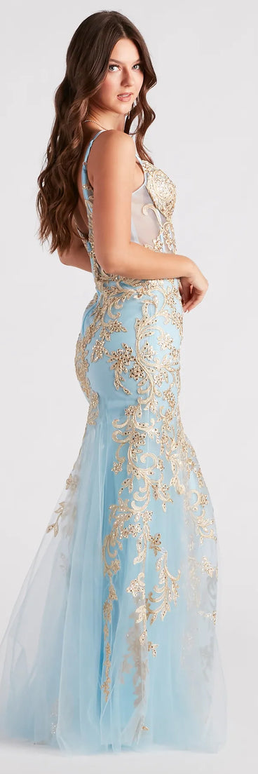 Asypn Sequin Embroidered Mesh Mermaid Dress