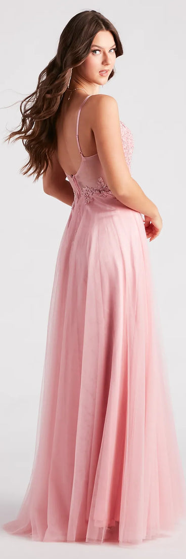 The Jaci Rhinestone Embroidered Mesh Formal Dress is an elegant pink formal dress in a rich seasonal color and with unique design accents that make dressing up for winter parties, holiday balls, or festive gatherings effortless!