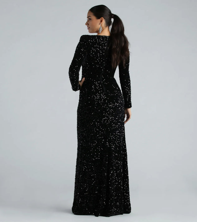 Trina Formal Velvet Sequin Long Sleeve A-Line Dress | Windsor Trina Formal Velvet Sequin Long Sleeve A-Line Dress | Windsor