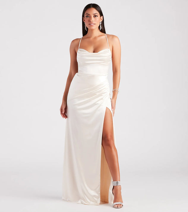 The Melinda Formal Satin Lace-Up Column Dress in luxe ivory fabric, a stunning prom dress with statement details designed to make a bold impression at Prom 2025.