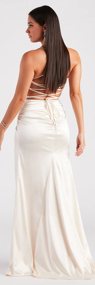 The Melinda Formal Satin Lace-Up Column Dress in luxe ivory fabric, a stunning HOCO dress with statement details designed to make a bold impression at Homecoming 2025.