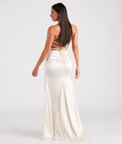 The Melinda Formal Satin Lace-Up Column Dress in luxe ivory fabric, a stunning prom dress with statement details designed to make a bold impression at Prom 2025.