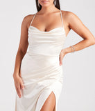 The Melinda Formal Satin Lace-Up Column Dress in luxe ivory fabric, a stunning prom dress with statement details designed to make a bold impression at Prom 2025.
