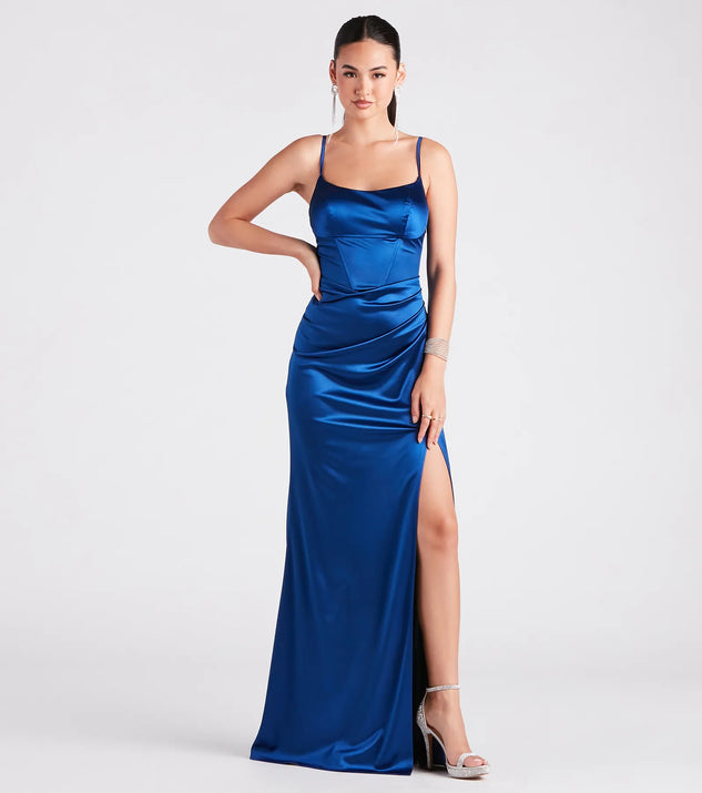 The Vickie Formal Satin Scoop Neck Mermaid Dress in luxe navy blue fabric, a stunning prom dress with statement details designed to make a bold impression at Prom 2025.