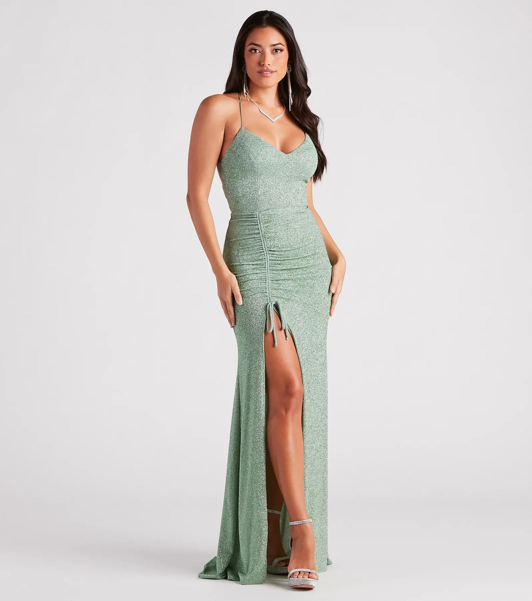 14013 Grey Shimmer Slit Mermaid Dress
