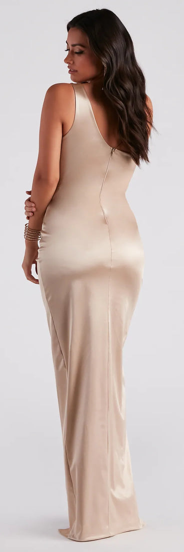 The elegant Isla Satin One-Shoulder Wrap Dress is a gold satin bridesmaid dress crafted with luxe fabric, ideal for modern weddings and traditional bridal parties.