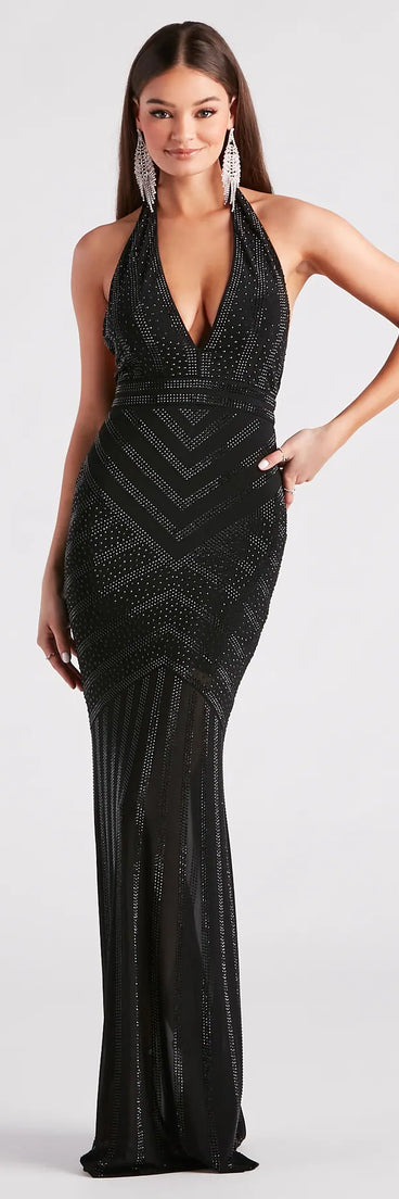 Miriam Rhinestone Plunging Halter Mermaid Dress