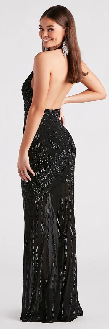 Miriam Rhinestone Plunging Halter Mermaid Dress