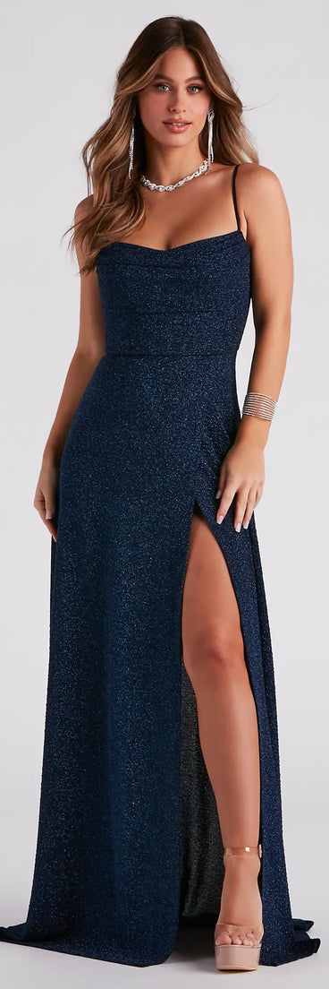 Feel instantly put-together in the Stephanie Formal Glitter A-Line Dress in navy blue, a fall wedding guest dress designed for confident style and all-out celebration.