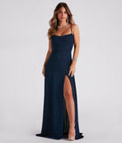 Step into the Prom 2025 dance in the Stephanie Formal Glitter A-Line Dress in navy, a stunning blue prom dress designed to complement any theme with its timeless allure and statement-making style.