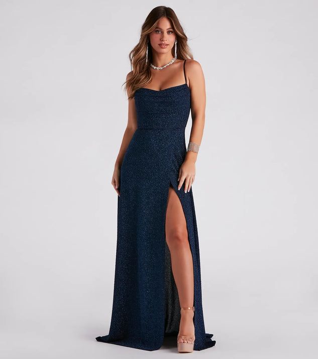 Step into the Prom 2025 dance in the Stephanie Formal Glitter A-Line Dress in navy, a stunning blue prom dress designed to complement any theme with its timeless allure and statement-making style.