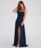 Step into the Prom 2025 dance in the Stephanie Formal Glitter A-Line Dress in navy, a stunning blue prom dress designed to complement any theme with its timeless allure and statement-making style.
