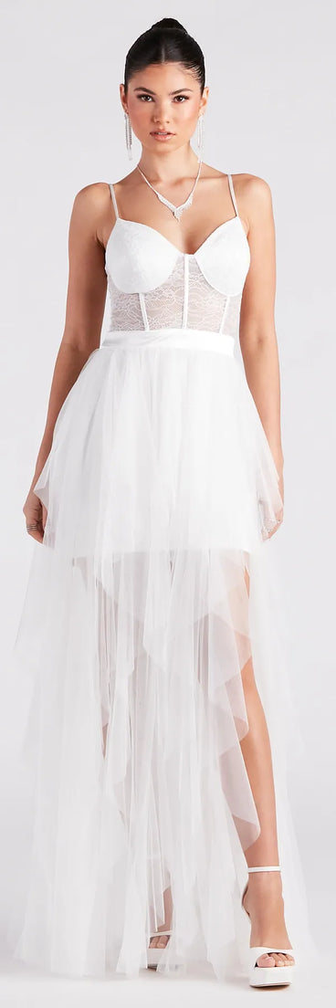 You'll look stunning in the Ashlie Formal Lace Corset Ruffled Dress, a white formal dress designed to create an effortless yet standout look as women's formal holiday attire, work party outfit, or NYE dress.