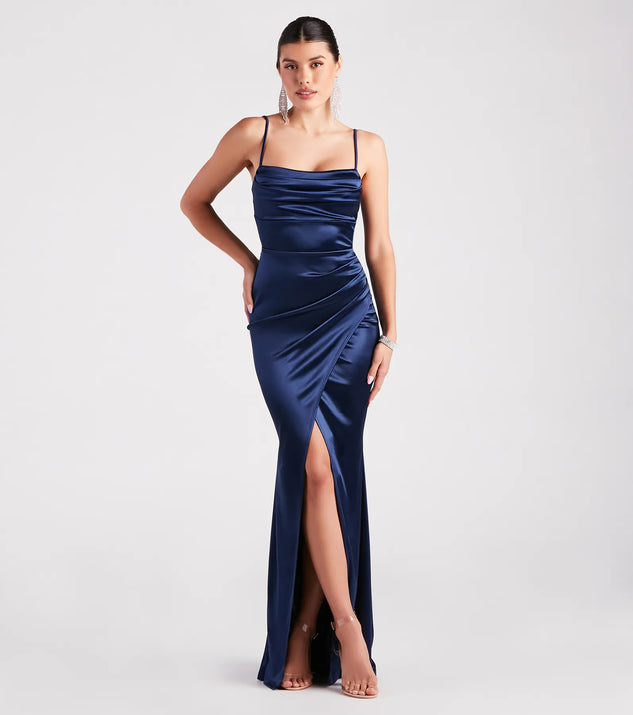nahla formal satin mermaid dress BABARONI Cowl Neck Mermaid Dress With Sash Bronzer, Bronzer / US0 main image 1