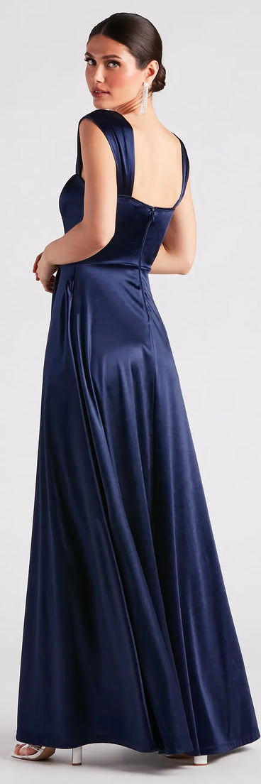 The elegant Lisa Satin High Slit A-Line Formal Dress is a navy blue satin bridesmaid dress crafted with luxe fabric, ideal for modern weddings and traditional bridal parties.