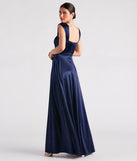 The elegant Lisa Satin High Slit A-Line Formal Dress is a navy blue satin bridesmaid dress crafted with luxe fabric, ideal for modern weddings and traditional bridal parties.