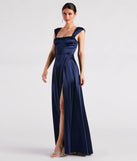 Make a bold statement in the Lisa Satin High Slit A-Line Formal Dress in navy blue, the perfect summer dress for weddings, cocktail hours, nights out, and/or seasonal celebrations.