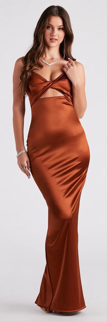 You'll feel stylish and confident in the Denise Formal Satin Twist Long Dress as your Winter Formal Dress to stand out at your dance or event.