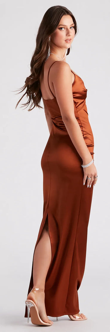 You'll be the best dressed in the Denise Formal Satin Twist Long Dress as your winter formal dress with beautiful and unique details from Windsor.