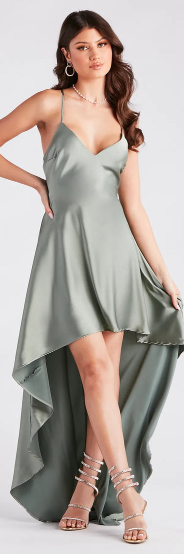 You'll look stunning in the Jolie Ruffled High-Low Satin Formal Dress, a sage green formal dress designed to create an effortless yet standout look as women's formal holiday attire, work party outfit, or NYE dress.