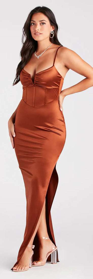 Turn heads at Prom 2025 in this brown prom dress, where statement-making details meet the iconic style of the Maisie Formal Satin Corset Slim Long Dress .
