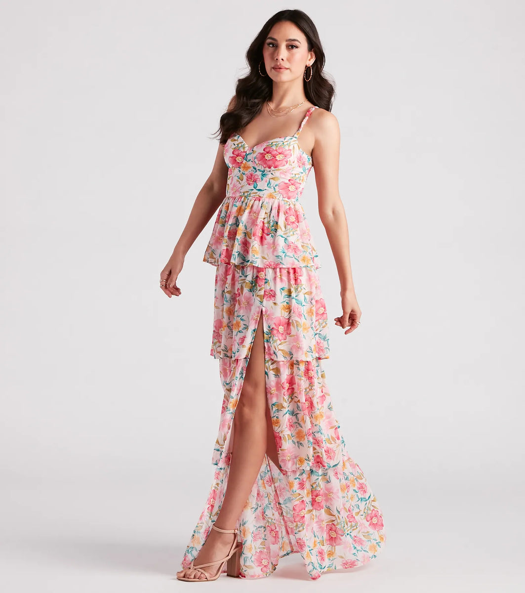 Sheryl Formal Floral Chiffon Ruffle Dress & Windsor