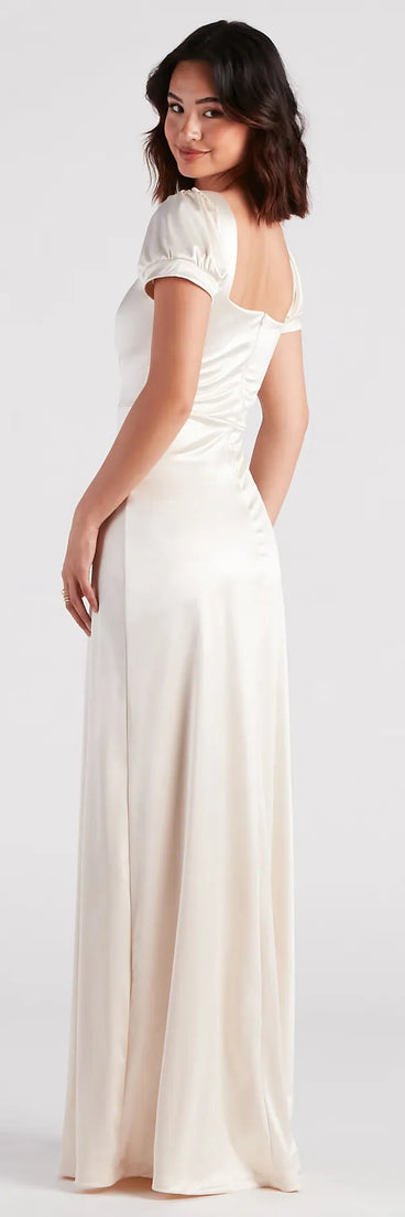 Emelia Satin Puff Sleeve High Slit Formal Dress