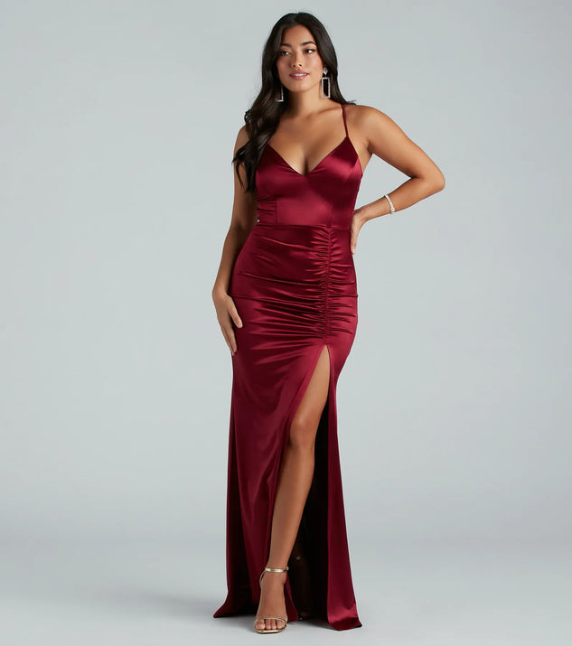 abigail ruched satin mermaid dress Abigail Ruched Satin Mermaid Dress