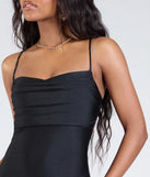 The Delia Formal Cowl Neck Long Dress is a show-stopping black prom dress, offering a sleek, slimming silhouette that enhances your natural beauty for an unforgettable night.
