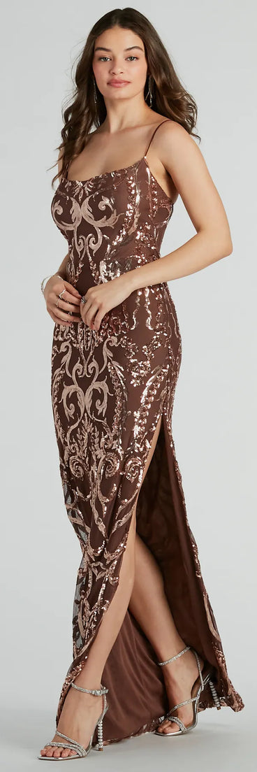 Turn heads in the beaming Amiri High Slit Sequin Mesh Formal Dress, a stunning black sequin dress designed to add sparkle and elegance to your next night out or special occasion.