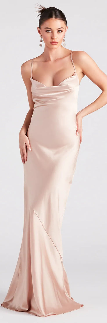 The Vanessa Formal Satin Cowl Neck Dress is an elegant gold formal dress in a rich seasonal color and with unique design accents that make dressing up for winter parties, holiday balls, or festive gatherings effortless!