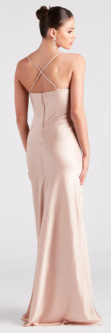 The Vanessa Formal Satin Cowl Neck Dress is an elegant gold formal dress in a rich seasonal color and with unique design accents that make dressing up for winter parties, holiday balls, or festive gatherings effortless!