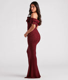 Halsey Formal Glitter Ruffled Mermaid Dress in wine, a stylish red dress with a flattering fit and fabric that adds allure to your look, perfect for wedding guest attire, cocktail events, or making a bold statement on a date night.
