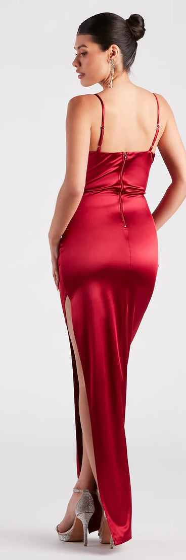 You'll feel stylish and confident in the Helena Formal Satin Corset Slit Dress as your Winter Formal Dress to stand out at your dance or event.